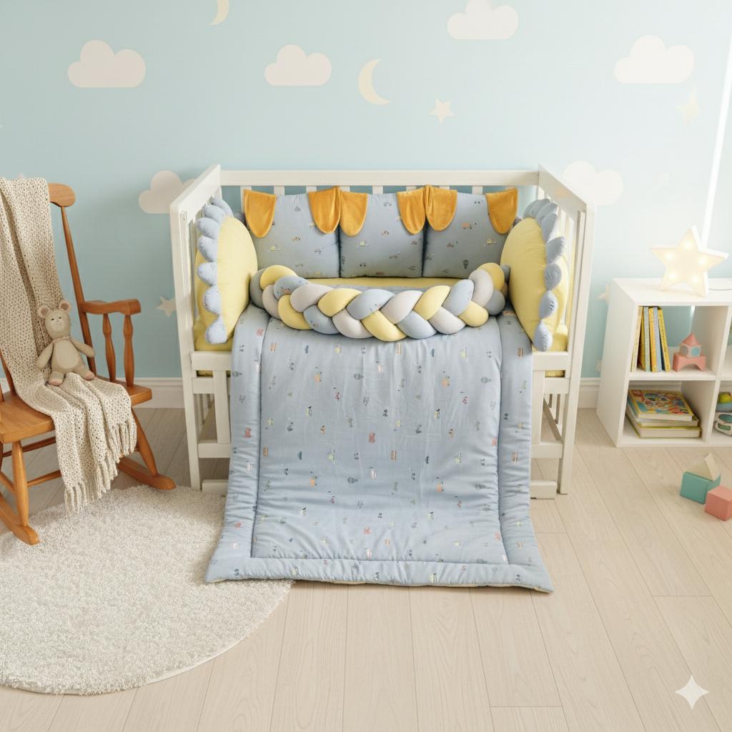 Printed Cotton Baby Cot Set-8 Pcs- Gray Transport