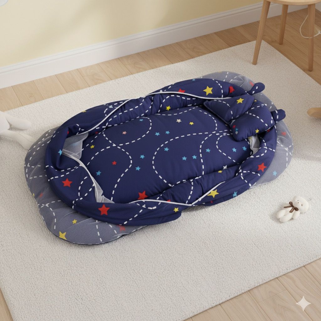 Printed Baby Mosquito Net with Pillow- Blue Star