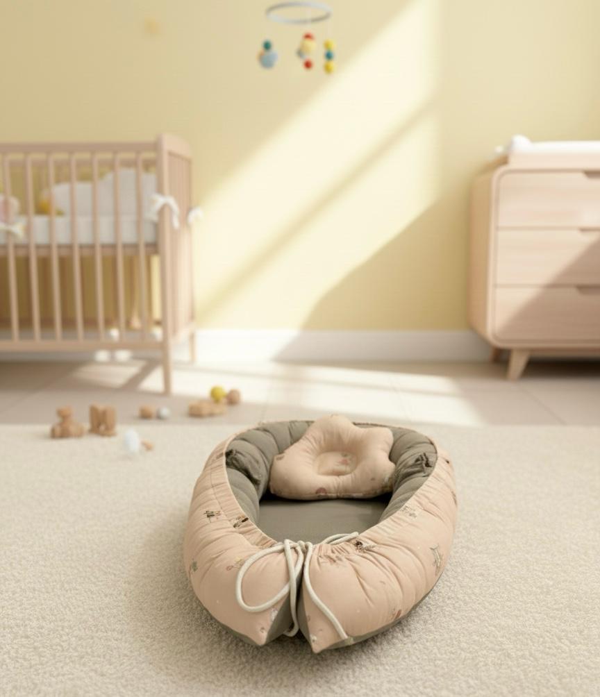 Cotton/ Waffle Baby Snuggle Bed With Pillow and Mosquito Net- Beige