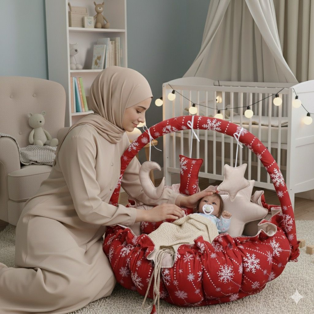 Printed Cotton Baby Round Cot with Pillows- Red Flowers