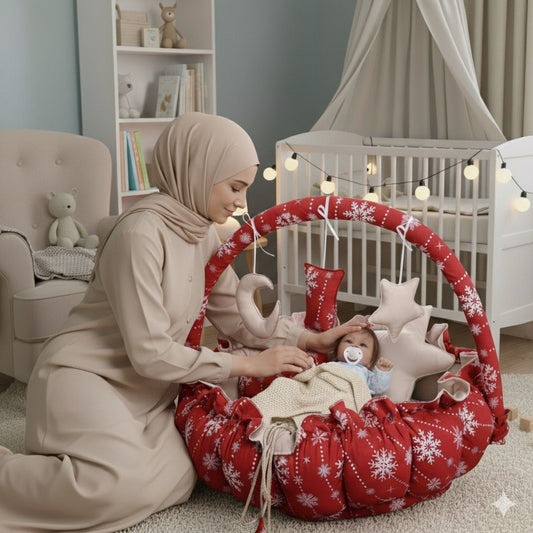 Printed Cotton Baby Round Cot with Pillows- Red Flowers