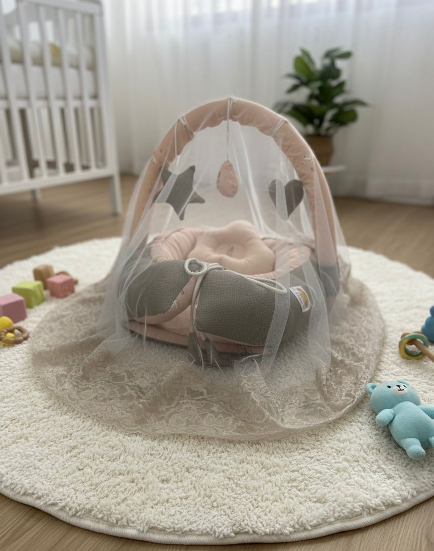 Cotton/ Waffle Baby Snuggle Bed With Pillow and Mosquito Net- Beige