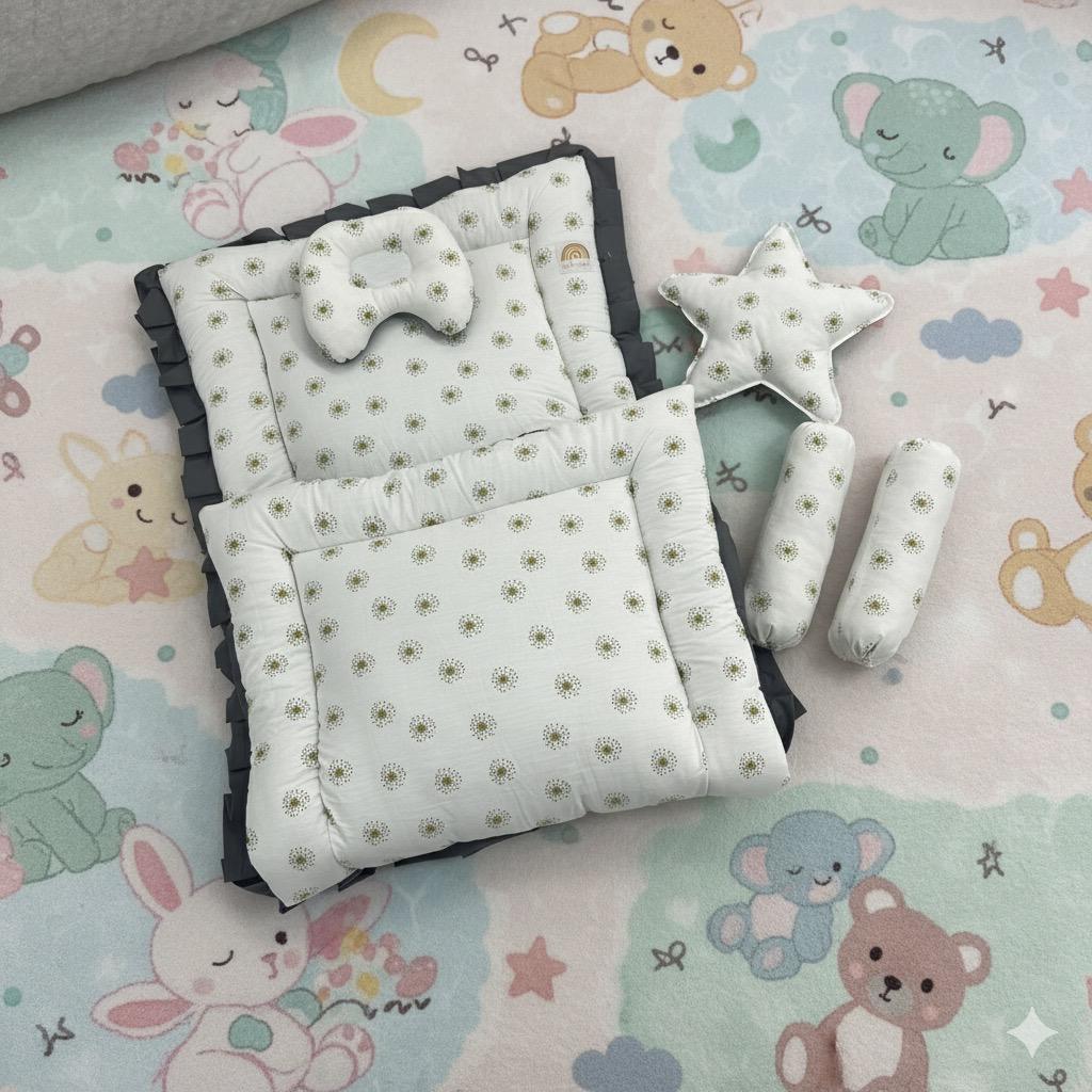Printed Cotton Baby Bed Set- 6 Pcs- Floral Gray