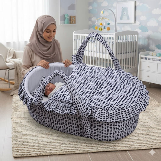 Printed Cotton Baby Basket with Head Pillow- Black Dotted