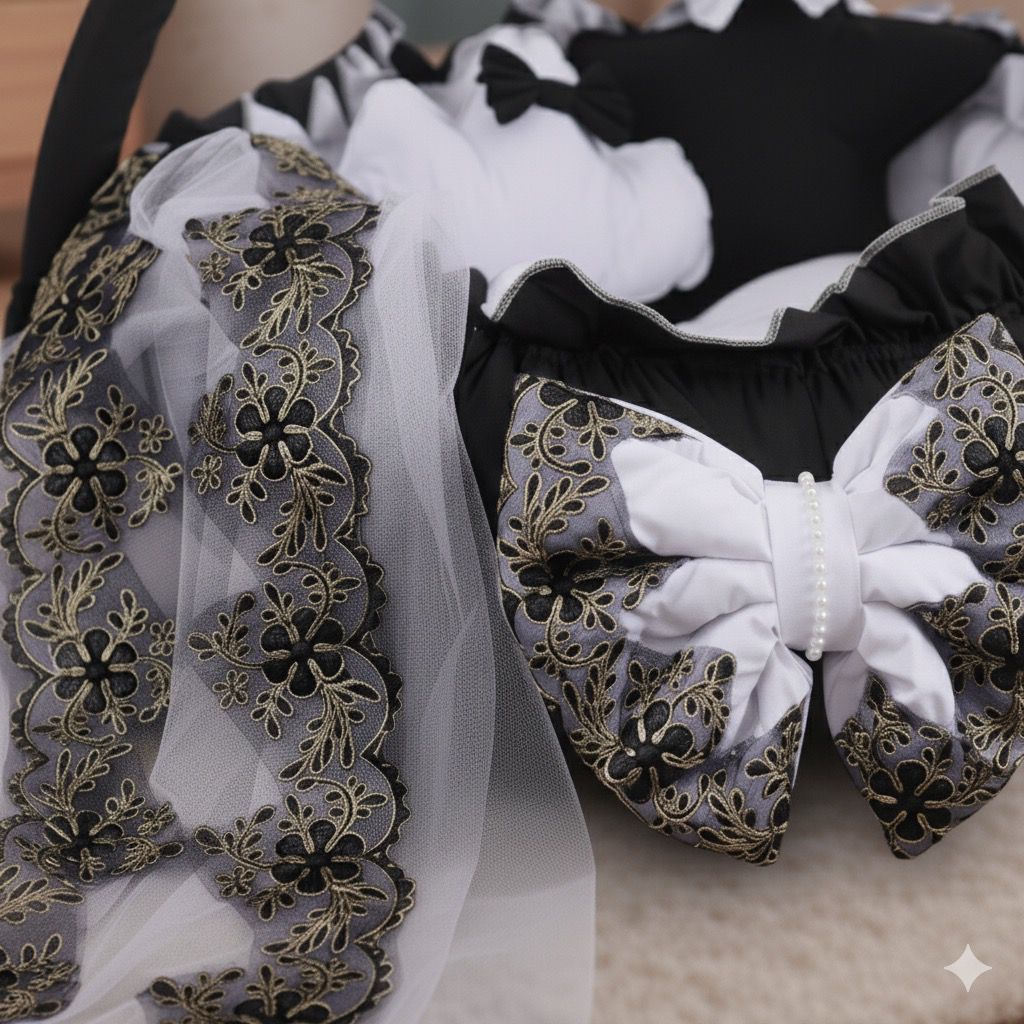 Luxury Baby Round Cot with Pillows and Net- Black & White