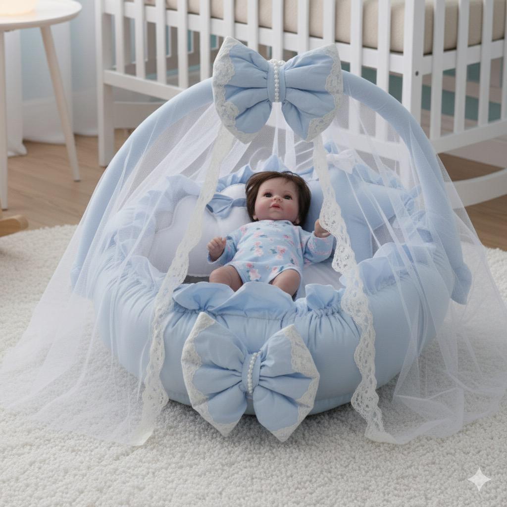 Luxury Baby Round Cot with Pillows and Net-Sky Blue & white