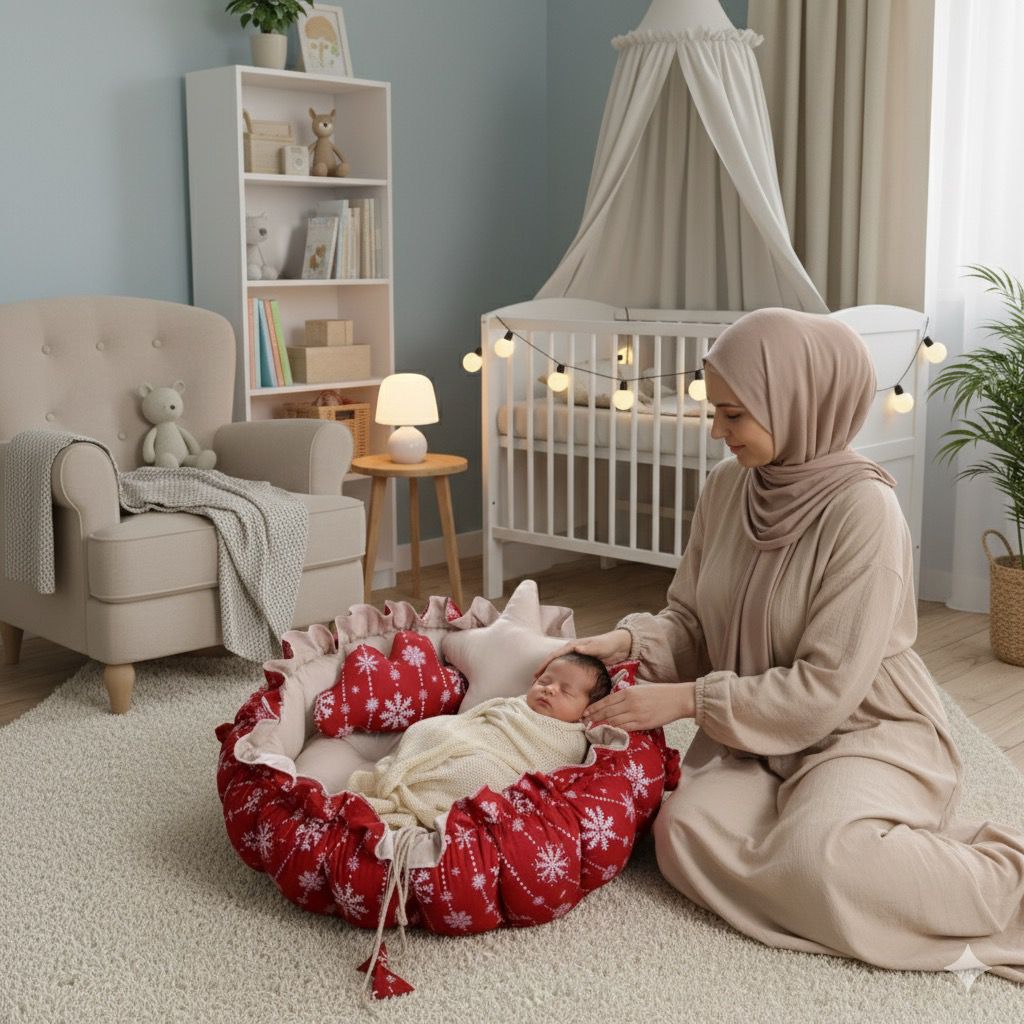Printed Cotton Baby Round Cot with Pillows- Red Flowers