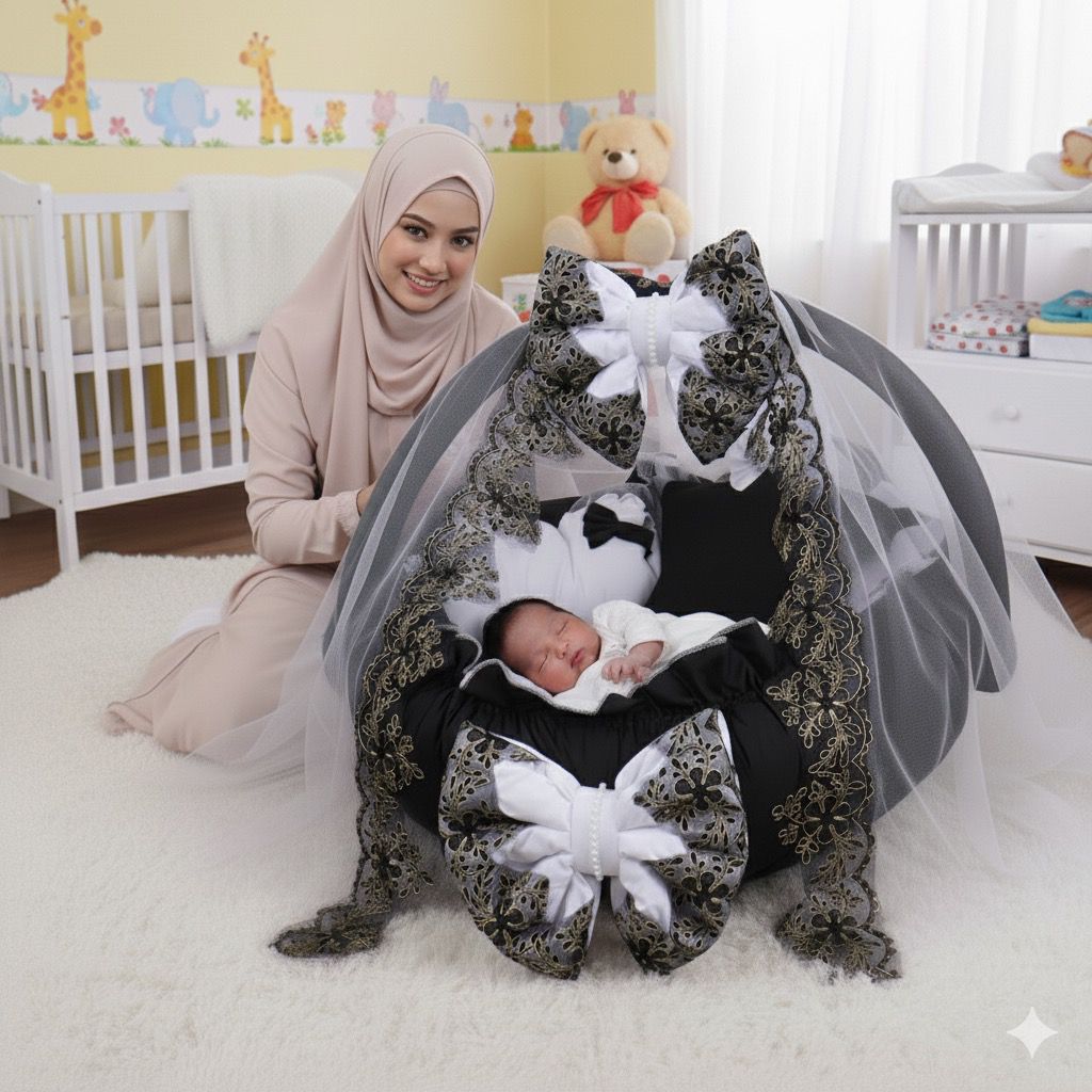 Luxury Baby Round Cot with Pillows and Net- Black & White