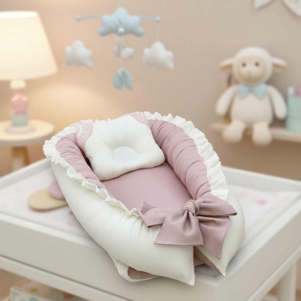 Cotton Satin Baby Nest With Head Pillow- Sea pink & White