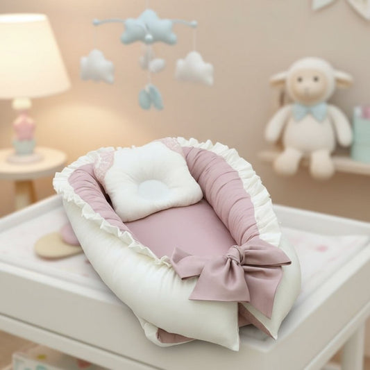 Cotton Satin Baby Nest With Head Pillow- Sea pink & White