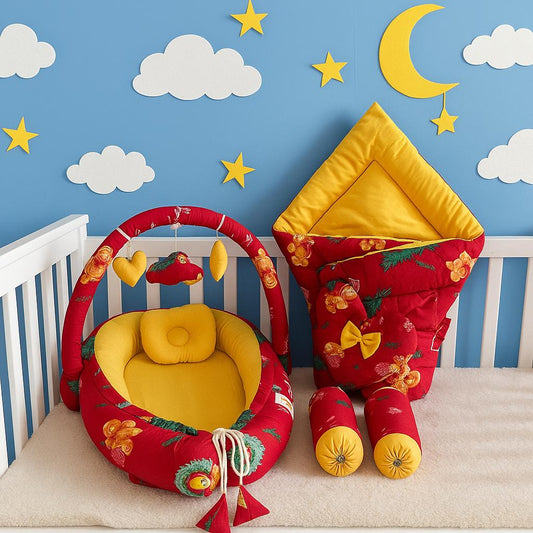 Printed Cotton Baby Snuggle Bed Set- Red Oriented
