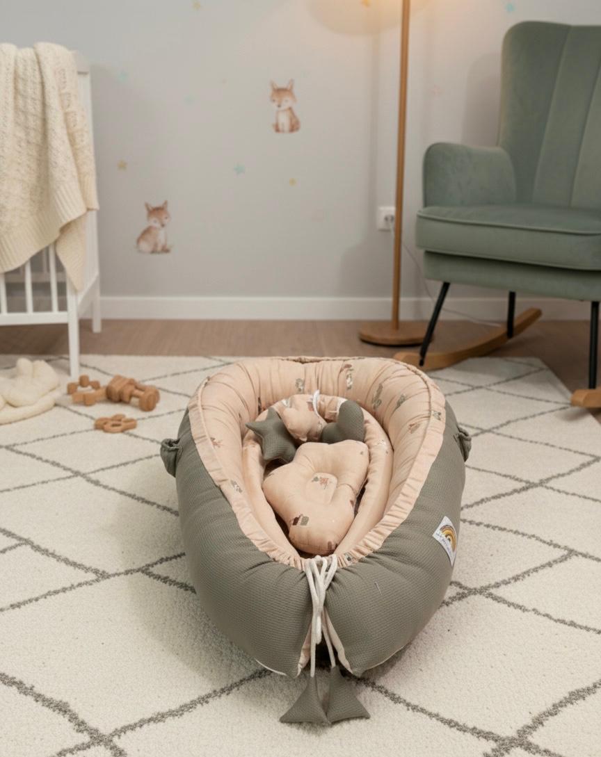 Cotton/ Waffle Baby Snuggle Bed With Pillow and Mosquito Net- Beige