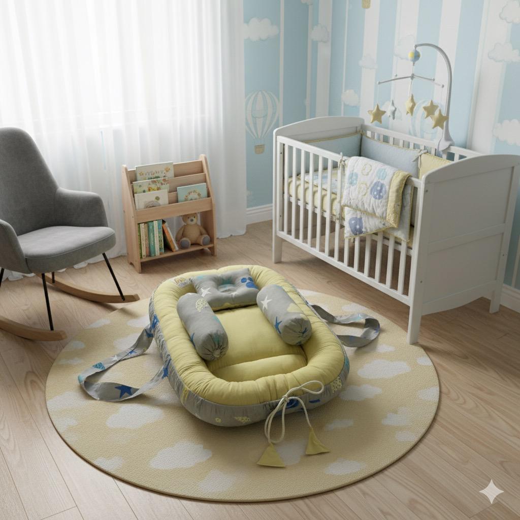 Printed Cotton  Baby Nest- 4 Pcs- Yellow Moon&Star