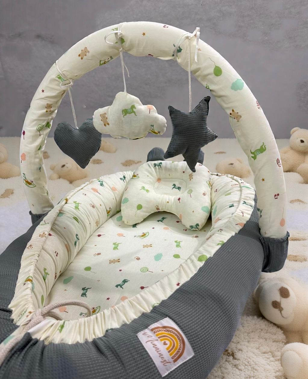 Cotton / Waffle Baby Snuggle Bed with Pillow- Gray