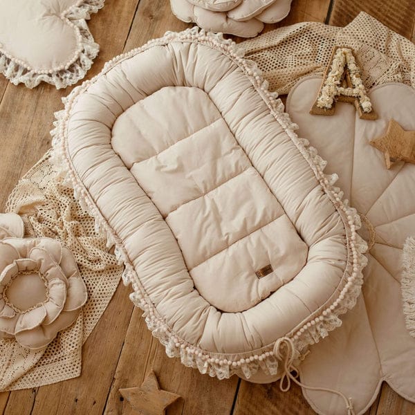 Luxury Cotton Baby Nest with pom poms-Beige