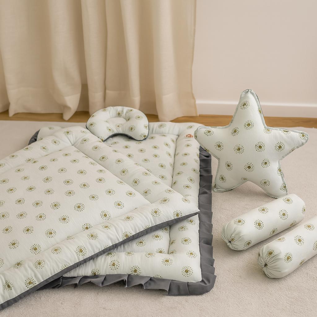 Printed Cotton Baby Bed Set- 6 Pcs- Floral Gray