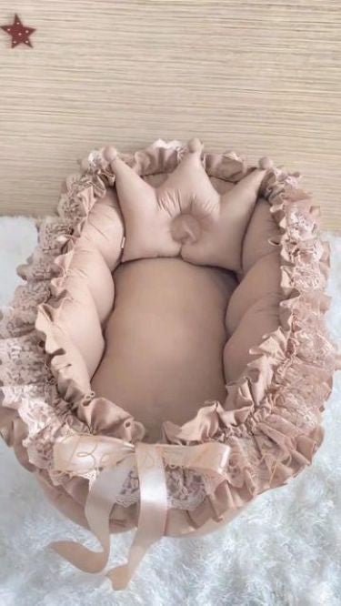 Luxury Cotton Satin Baby Nest With Crown Head Pillow- Sea Pink