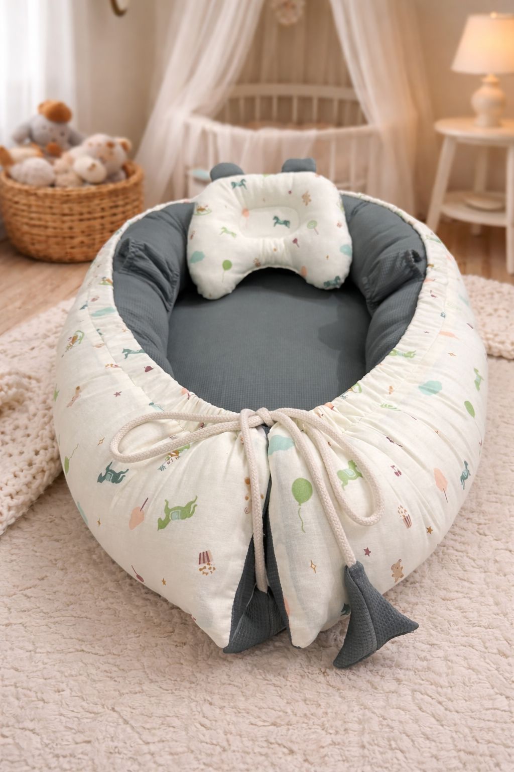 Cotton / Waffle Baby Snuggle Bed with Pillow- Gray