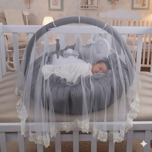 Cotton Baby Round Cot With Pillows & Mosquito Net- Dark Gray