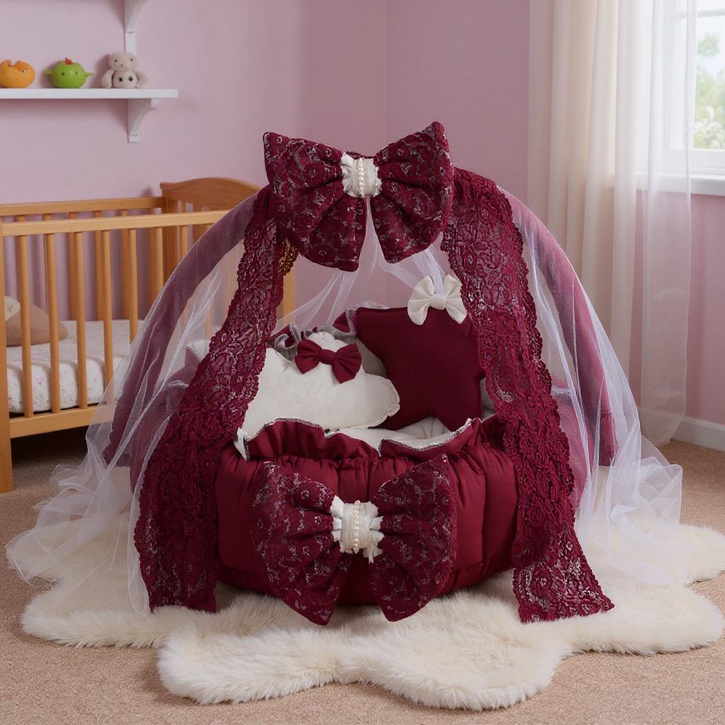 Luxury Cotton Baby Round Cot with Pillows & Net- Maroon & Off White