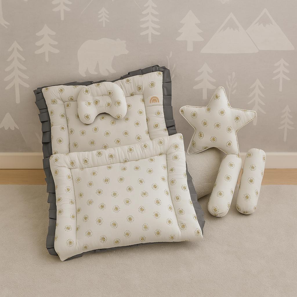 Printed Cotton Baby Bed Set- 6 Pcs- Floral Gray