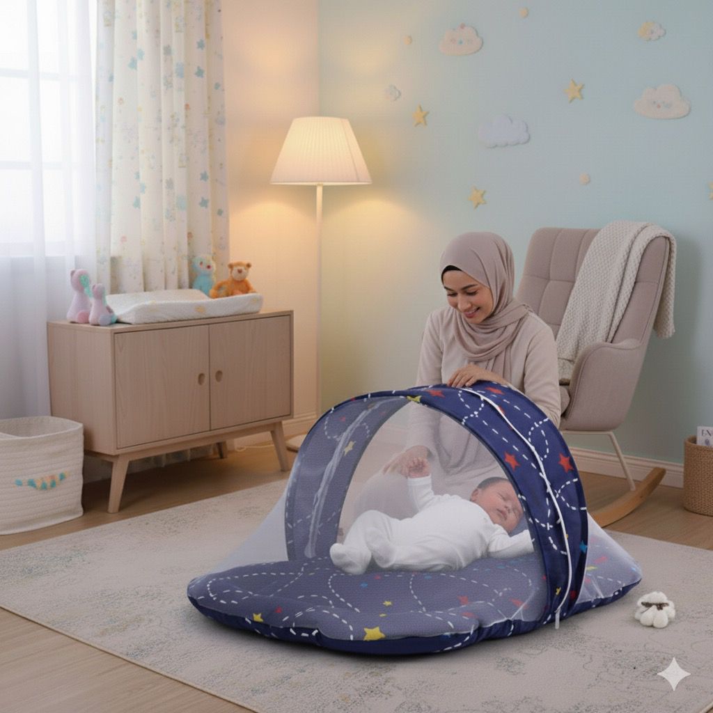 Printed Baby Mosquito Net with Pillow- Blue Star