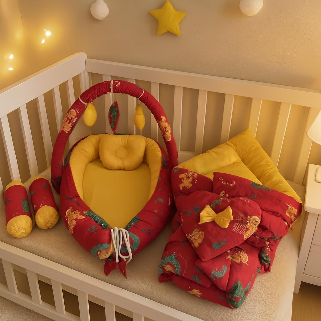 Printed Cotton Baby Snuggle Bed Set- Red Oriented